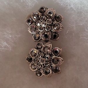 Silver Rhinestone Flower Earrings Clip On